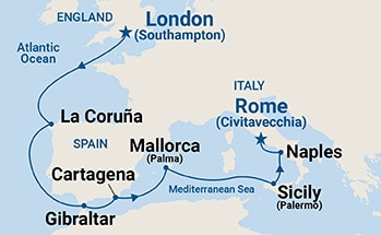 Map shows port stops for European Explorer. For more details, refer to the List of Port Stops table on this page