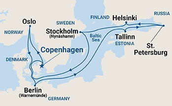 Map shows port stops for Scandinavia & Russia (from Copenhagen). For more details, refer to the List of Port Stops table on this page.