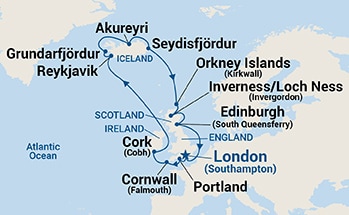Map shows port stops for Icelandic Fjords & British Isles. For more details, refer to the List of Port Stops table on this page.