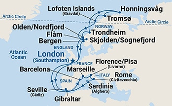Map shows port stops for North Cape & Mediterranean Medley. For more details, refer to the List of Port Stops table on this page.