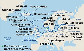 Map showing the port stops for Scandinavia, Russia and Iceland Adventure. For more details, refer to the disclaimer below and the itinerary port table on this page.