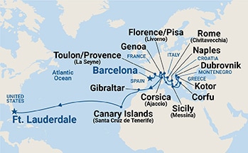 Map shows port stops for Western Mediterranean Grand Adventure. For more details, refer to the List of Port Stops table on this page.