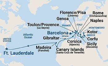Map shows port stops for Western Mediterranean Grand Adventure. For more details, refer to the List of Port Stops table on this page.