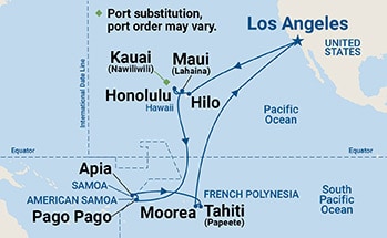 Map shows port stops for Hawaii, Tahiti & Samoa. For more details, refer to the List of Port Stops table on this page.