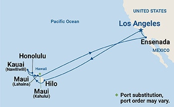 Map shows port stops for Hawaiian Islands. For more details, refer to the List of Port Stops table on this page.
