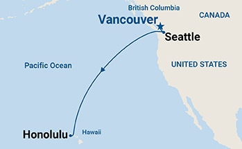 Map shows port stops for Vancouver to Honolulu. For more details, refer to the List of Port Stops table on this page.