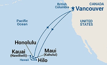Map shows port stops for Hawaiian Islands. For more details, refer to the List of Port Stops table on this page.