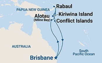 Map shows port stops for Papua New Guinea. For more details, refer to the List of Port Stops table on this page.
