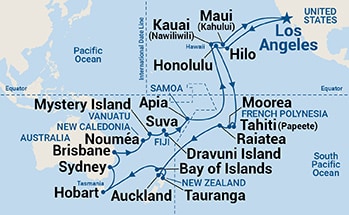 Map shows port stops for South Pacific, Australia & New Zealand. For more details, refer to the List of Port Stops table on this page.