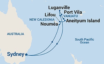 Map shows port stops for New Caledonia & Vanuatu. For more details, refer to the List of Port Stops table on this page.