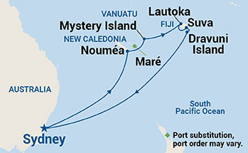 Map shows port stops for Fiji. For more details, refer to the List of Port Stops table on this page.