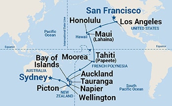 Map shows port stops for Tahiti, Hawaii & South Pacific Crossing. For more details, refer to the List of Port Stops table on this page.