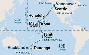 Map shows port stops for Hawaii, Tahiti & South Pacific Crossing. For more details, refer to the List of Port Stops table on this page.
