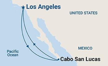 Map shows port stops for Cabo San Lucas Getaway. For more details, refer to the List of Port Stops table on this page.