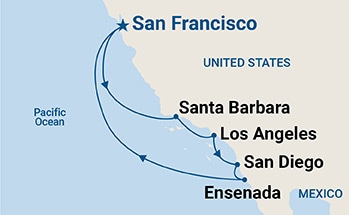 Map showing the port stops for Classic California Coast. For more details, refer to the disclaimer below and the itinerary port table on this page.