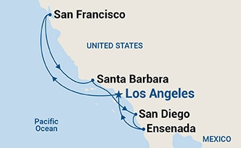 Map shows port stops for Classic California Coast. For more details, refer to the List of Port Stops table on this page.