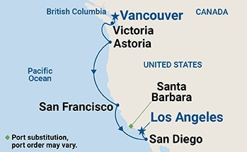 Map shows port stops for Pacific Wine Country. For more details, refer to the List of Port Stops table on this page.