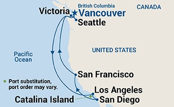 Map shows port stops for Classic California Coast. For more details, refer to the List of Port Stops table on this page.