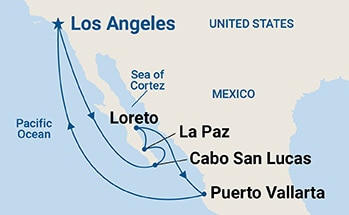 Map shows port stops for Baja Peninsula & Sea of Cortez. For more details, refer to the List of Port Stops table on this page.