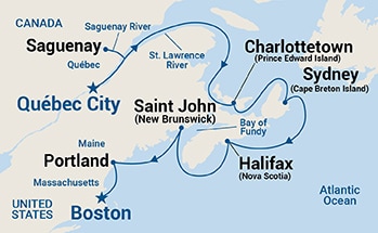 Map shows port stops for Classic Canada & New England. For more details, refer to the List of Port Stops table on this page.