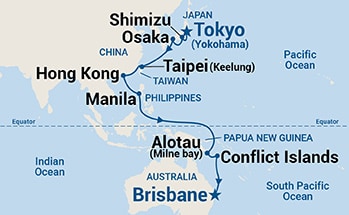 Map shows port stops for Asia & Australia. For more details, refer to the List of Port Stops table on this page.
