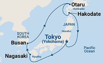 Map shows port stops for Circle Hokkaido. For more details, refer to the List of Port Stops table on this page.