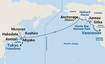 Map shows port stops for Japan & Voyage of the Glaciers Grand Adventure. For more details, refer to the List of Port Stops table on this page.