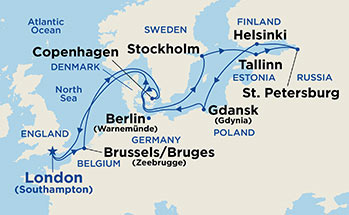 Map showing the port stops for Baltic Heritage. For more details, refer to the disclaimer below and the itinerary port table on this page.