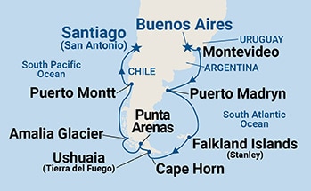 Map shows port stops for Cape Horn & Strait of Magellan. For more details, refer to the List of Port Stops table on this page.