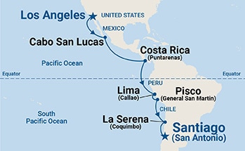 Map shows port stops for Andes & South America. For more details, refer to the List of Port Stops table on this page.