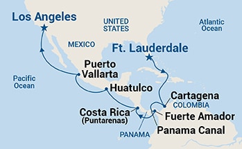 Map shows port stops for Panama Canal - Ocean to Ocean. For more details, refer to the List of Port Stops table on this page.