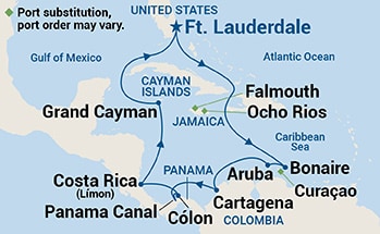 Map shows port stops for Panama Canal with Costa Rica & Caribbean. For more details, refer to the List of Port Stops table on this page.