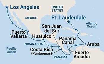 Map shows port stops for Panama Canal - Ocean to Ocean. For more details, refer to the List of Port Stops table on this page.