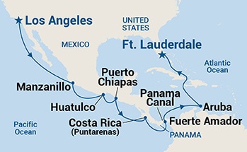 Map shows port stops for Panama Canal - Ocean to Ocean. For more details, refer to the List of Port Stops table on this page.