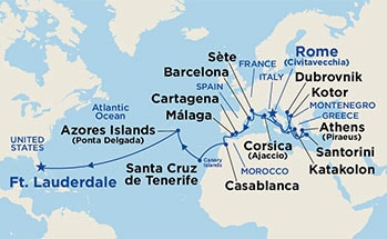 Map showing the port stops for Australia Getaway. For more details, refer to the List of Port Stops table on this page.