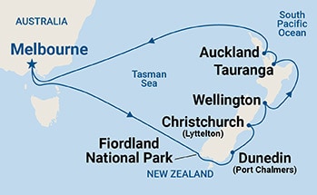 Map shows port stops for New Zealand. For more details, refer to the List of Port Stops table on this page.