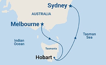 Map shows port stops for Australia Seacation. For more details, refer to the List of Port Stops table on this page.
