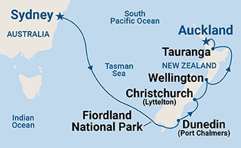 Map shows port stops for Australia & New Zealand. For more details, refer to the List of Port Stops table on this page.