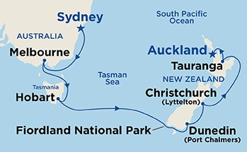 Map shows port stops for Australia & New Zealand. For more details, refer to the List of Port Stops table on this page.