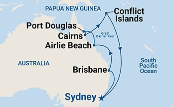 Map shows port stops for Queensland and the Conflict Islands. For more details, refer to the List of Port Stops table on this page.