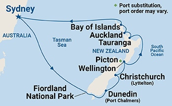 Map shows port stops for New Zealand. For more details, refer to the List of Port Stops table on this page.