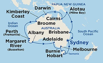 Map showing the port stops for Round Australia. For more details, refer to the disclaimer below and the itinerary port table on this page.