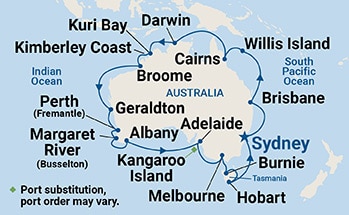 Map shows port stops for Round Australia. For more details, refer to the List of Port Stops table on this page.