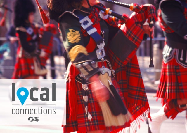 person matching and playing a bagpipe with the local connections logo 