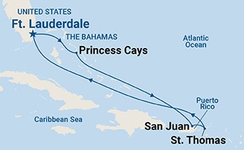 Map shows port stops for Eastern Caribbean with St. Thomas. For more details, refer to the List of Port Stops table on this page.