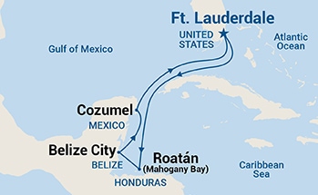 Map shows port stops for Western Caribbean with Mexico. For more details, refer to the List of Port Stops table on this page.