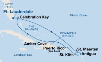 Map shows port stops for Eastern Caribbean with St. Kitts. For more details, refer to the List of Port Stops table on this page.