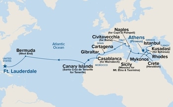 Map shows port stops for Mediterranean, Aegean & Moroccan Grand Adventure. For more details, refer to the List of Port Stops table on this page.
