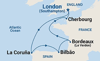 Map shows port stops for Spain & France. For more details, refer to the List of Port Stops table on this page.