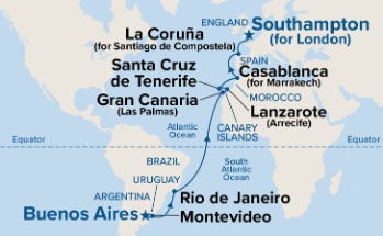 Map shows port stops for South American Passage. For more details, refer to the List of Port Stops table on this page.